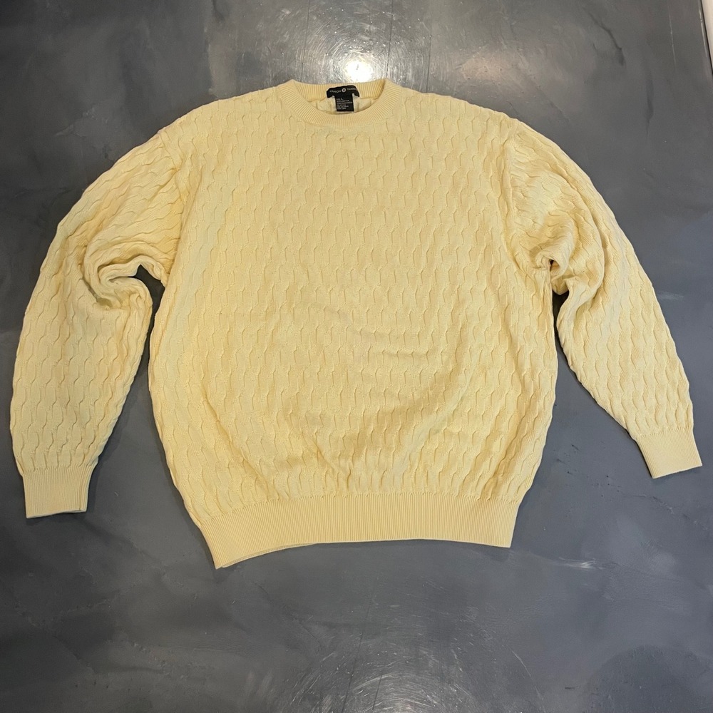 COTTON TRADER Mens Butter Yellow Cable Knit Crew Neck Sweater Size‎ L Fisherman
